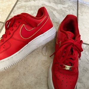 Red and gold Air Force 1s. Size 5.5